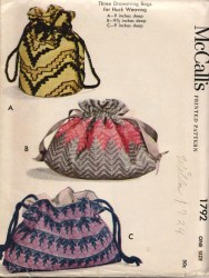 1792  1724 1953 3 DRAWSTRING BAGS FOR HUCK WEAVING 2 PATTERNS UNCUT